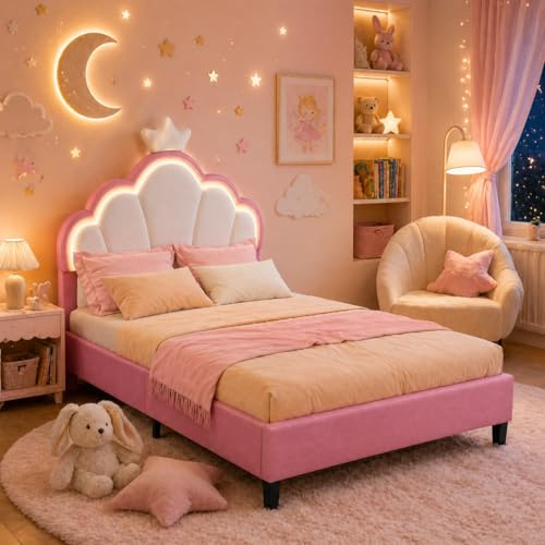 JiaOyu Kinderbett Polsterbett 140x200 cm, LED Einzelbett für Mädchen mit Kronen-Design und verstellbarem Kopfteil, gemütliches Samtbett für fantasievolle Kinderzimmer (140x200cm)