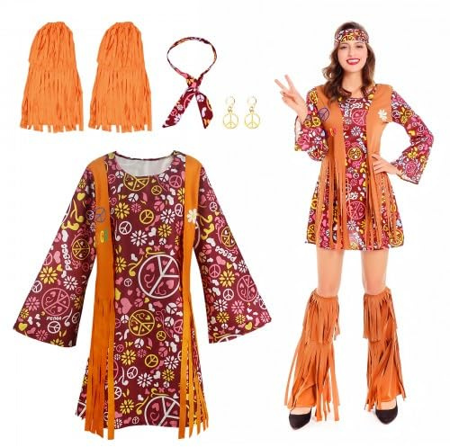 Focenat 4 Stück Hippie Kostüm Damen Set, 70er Jahre Bekleidung, Halloween und Mottoparty, Disco Outfit, Retro Frauen (XL)