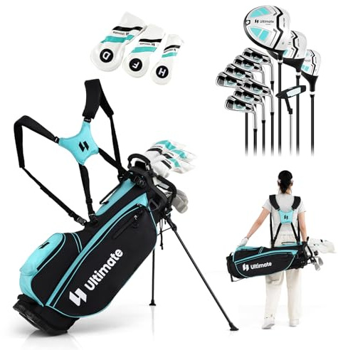 COSTWAY Set Completo di Mazze da Golf con Sacca a Treppiede, Include con Driver 1 da 460CC, Legno 3, Ibrido, Ferri 5, 6, 7, 8, 9, P, S, Putter e Copertura Antipioggia per Destrimani (Verde)