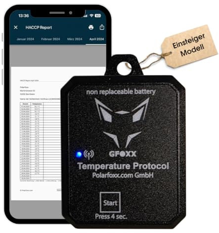 GFOXX Bluetooth-Thermometer, Automatische Temperaturdokumentation, 100 % HACCP-konform, für Gastronomie, wasserdicht nach IP67, App-gesteuert, präzise und einfache Bedienung