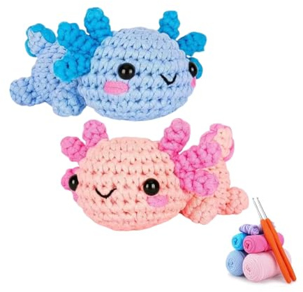 Häkelset für Anfänger Axolotl Häkelnadel Set für Tiere Strickset Bastelset für Erwachsene Kinder Häkel-Starterset mit Schritt für Schritt, Anleitung, Häkelnadeln, Garn und Video-Tutorials (Blau Rosa)