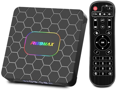 Android 14.0 tv box,R69MAX Smart tv box with 4GB RAM 32GB ROM RK3528 Quad Core ARM Cortex A53 Mali-450 GPU Support 8K 3D 1080P 2.4/5.0GHz WIFI BT5.0 10/100M Ethernet DLNA HDMI2.0 USB3.0 H.265