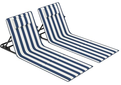 SONGMICS Strandstol, 2-pack, Campingstol, Solsäng, Strandmatta, Hopfällbar, Justerbart Ryggstöd, Lätt att Bära med Handtag, för Camping, Trädgård, Pool, 158 x 55 cm, Blå-Vit Randig GCB251QZ02