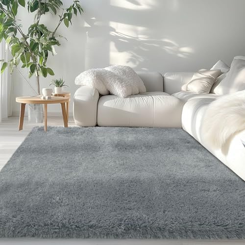 LIJIAO Hochflor Teppich Wohnzimmer Flauschig 140 x 80 cm Anti-Rutsch Unterseite, Super Soft, Felloptik Shaggy Hochflor Teppich Läufer Flur für Wohnzimmer, Schlafzimmer, Hellgrau