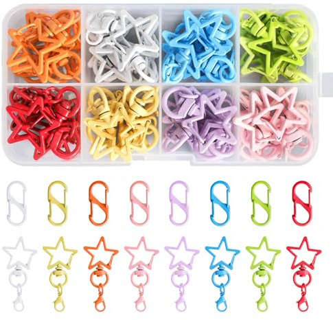 48pcs Karabinerhaken Klein Set, 24 Stück Bunt S Mini Karabiner und 24 Stück Bunte Stern Schlüsselring, Metall Doppelkarabiner mit Schachtel für Outdoor,Zuhause,DIY Zubehör, Rucksack, Schlüssel