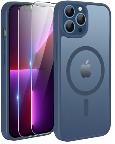 TQIAHF Magnetic Phone Case Cover for iPhone 13 Pro Max,Blue | with 2 Tempered Glass Screen Protector Compatible with MagSafe Military Grade Shockproof Protective Slim Translucent Matte