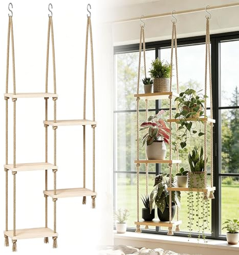 FTISSLY Étagère Suspendue 5 Niveaux pour Plantes – 116 cm – Naturelle Bois + Corde – Réglable en Hauteur – Support Fleurs Intérieur – Gain de Place – Pour Salon, Balcon, Véranda – Sans Perçage