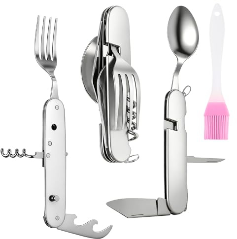 6-i-1 bestickset för utomhusbruk, hopfällbara bestick rostfritt stål, hopfällbara campingbestick, kniv och gaffel och oljeborste, bärbart campingbestick för vandring, picknick, utomhusbruk, grillning