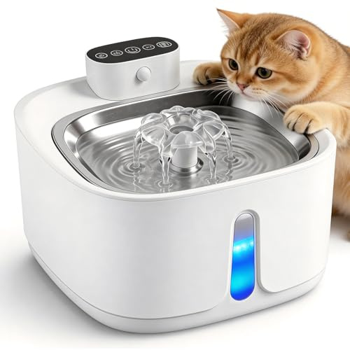 Katzenbrunnen Kabellos mit Bewegungsmelder 3.2L, 4000mAh Akku Trinkbrunnen für Katzen Edelstahl, Ultra-Leise Pumpe, Automatischer Wasserspender Katze, Hundetrinkbrunnen Filter, Weiß
