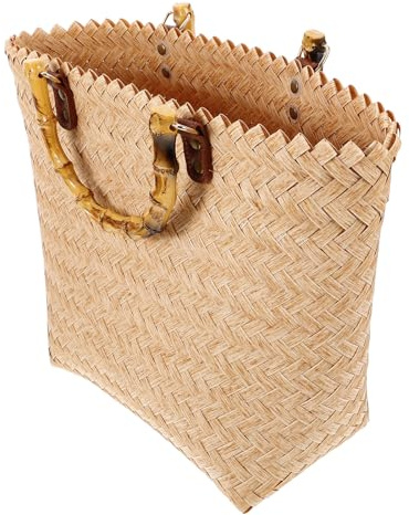 TEMPNAP Bolso de Paja Vintage para Mujer Gran Capacidad y Asa de Madera, Cómodo y Suave, Adecuado para Playa y Vacaciones en Color Beige