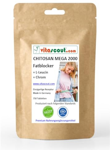 CHITOSAN MEGA 2000 + L-Leucin + Chrom - 750 Tabletten - Fatblocker - hochdosiert - Neue verbesserte Rezeptur - Unterstützt normalen Fettstoffwechsel und Blutzuckerspiegel