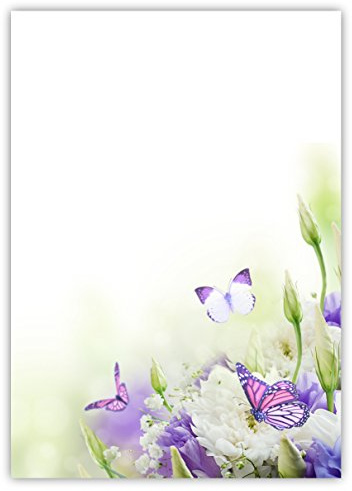Motiv Briefpapier (Blumen+Schmetterlinge-5022, DIN A4, 100 Blatt). Einseitig bedrucktes Briefpapier, sehr gut beschreibbar, Motivpapier für alle Drucker/Kopierer geeignet Motiv blau / weiße Blumen mit Schmetterlingen