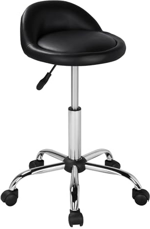 Yaheetech Sgabello con Ruote Regolabile in Altezza con Schienale Sedia Estetista Girevole per Toeletta Trucco Parrucchiere Salone in Ecopelle Nero