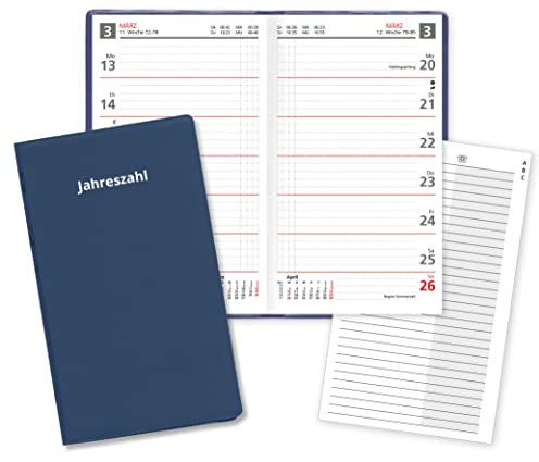Wochentaschenkalender für das Jahr 2026 Sekunda Taschenplaner in Rot mit Adressheft und PVC Einband in Blau Made in Germany