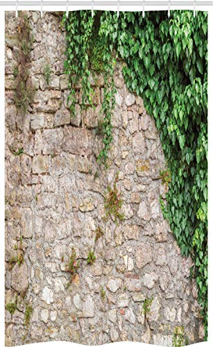 ABAKUHAUS Ziegelwand Schmaler Duschvorhang, Im Alter von Old Wall Grün Ivy, Badezimmer Deko Set aus Stoff mit Haken, 120 x 180 cm, Beige Farn-Grün