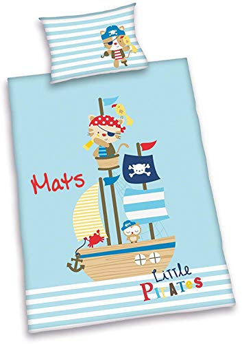 Wolimbo Baby Bettwäsche mit Namen 100x135 cm - Motiv Piratenschiff - für Kinder Junge und Mädchen Set