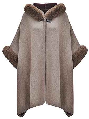 ZLYC Women Winter Hooded Poncho Cape Faux Fur Warm Cardigan Sweater Cloak(Coffee),One Size