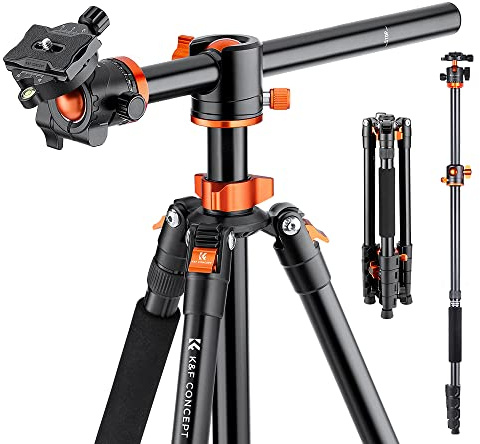 K&F Concept 73 inch /186cm Camera Tripod,Transverse Center Column Aluminium DSLR Tripod with 360 Degree Ball Head 10kg Load Capacity,Quick Release Plate,Detachable Monopod T255A3+BH-28L