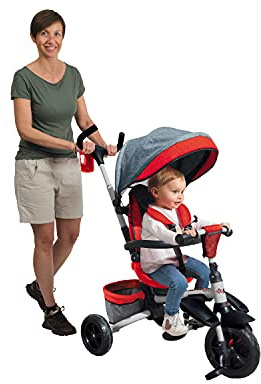 Mondo On&Go Moovi Explore Dreirad Kinderwagen, Schiebegriff, Sonnensegel, Aufbewahrungskorb, 12 Monate bis 5 Jahre, Unisex Kinder, 28637, rot, variabile