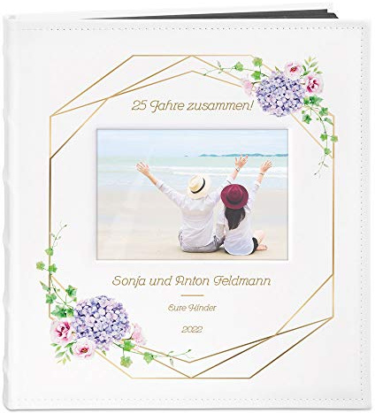 Maverton Fotoalbum zum Selbstgestalten mit Bildausschnitt + mit Aufdruck | Für 240 Fotos 10x15-60 schwarze Seiten, Größe 33x30cm, Weiß, Geschenk zur Hochzeit zum Hochzeitstag, Silberhochzeit