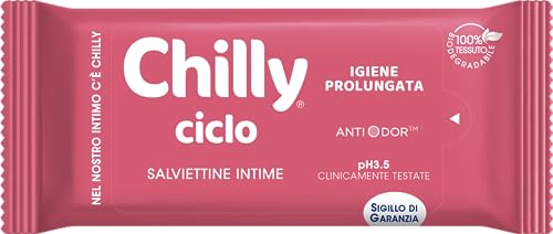 Chilly Toallitas Ciclo, toallitas para la higiene íntima, tejido 100% biodegradable, óptimas fuera de casa, PH 3,5, clínicamente probado, paquete de 12 toallitas