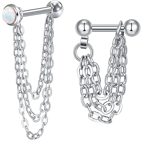 LAURITAMI 2 st 16 g öronpiercing dubbar med kedja brosk tragus helix knorpel piercing smycken dubbel kedja dingla kirurgiskt stål, Legerat stål