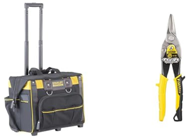 STANLEY FATMAX Open Mouth Rolling Rigid Tool Bag Trolley, Multi-Pockets Storage Organiser, FMST1-80148, Black & Aviation Snips – Straight Cut (2-14-563), Black and Yellow