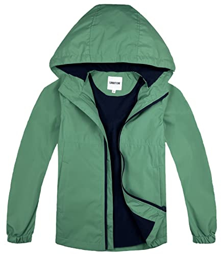 UMMTOM Boys Rain Jackets Lightweight Waterproof Hooded fleece Raincoats Windbreakers for Kids(8-9Y,Green Solid)