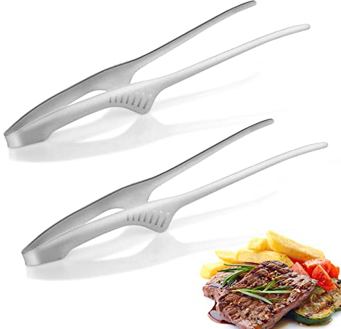 Grevosea 2 Pcs Korean Japanese BBQ Tongs, Stainless Steel 9.4 Inch Self-Standing Silver BBQ Tongs Heat Resistant, for Camping, Barbecue, Buffet, Salad
