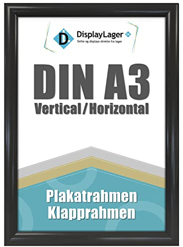DisplayLager, Dänische Qualität - Klapprahmen mit 25mm Aluminium Profil, Entspiegelter Schutzscheibe, Befestigungsmaterial (Schwarz, A3)