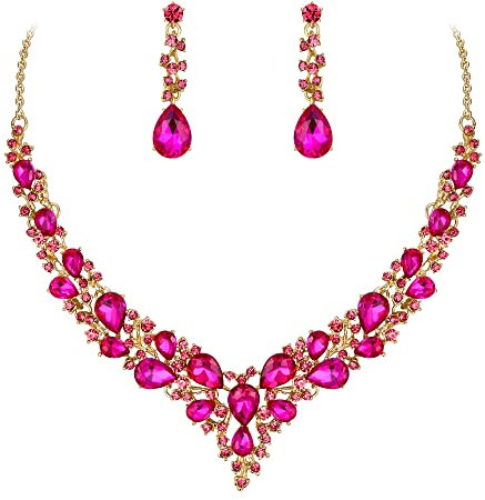 Ever Faith Wedding Bridal Crystal Teardrop Cluster Statement Necklace Dangle Earrings Jewellery Set for Women Fuchsia