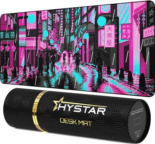 Hystar® Extended Gaming Mouse Pad | XXL 36 x 16 | 5mm Thick, Waterproof Surface, Smooth Polyester Fabric, and Natural Rubber Base | Retro Tokyo (Pink and Teal)