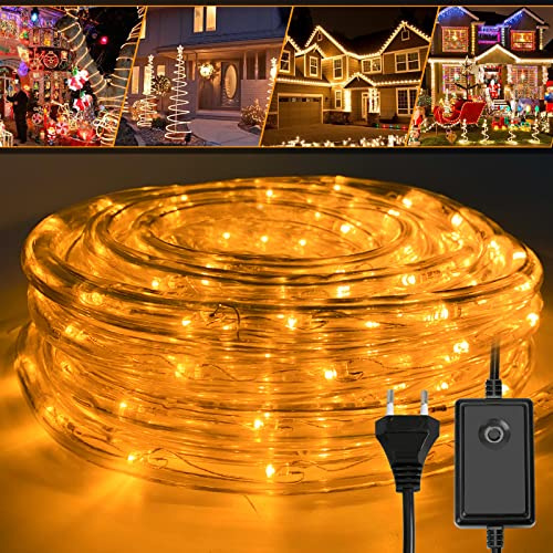 Fiqops LED Lichterschlauch für außen, 20m LED Lichtschlauch mit 8 Leuchtmodi, Lichtschläuche Wasserfest, Lichterkette für Garten Räume Zäune Party Hochzeit Deko, Led schlauch für innen outdoor-Gelb