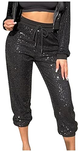 Freizeithose Damen Glitzer Pailletten Hosen Hohe Taille Dehnbar Hip Hop Club Glänzende Hose Elegant Jogginghose Party Club Kostüm mit Drawstring Baggy Paillettenhose für Frühling
