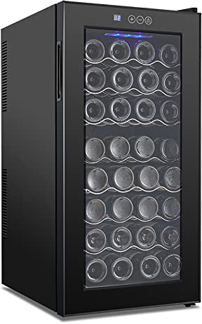 RUYICZB 32 Bottle Wine Cooler Refrigerator Large Freestanding Quiet Operation Wine Cellar Temperature Control Wine Fridge with LED Light for Home Bar Apartment