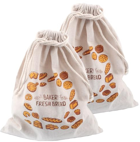 CUIDAKJ 2 Pezzi Sacchetto Portapane, Ssacchetto del Pane in Cotone e Lino, Sacchetti Riutilizzabili per il Pane, Tasche con Coulisse in Cotone e Lino Anche per Frutta e Verdura (31 x 38 cm)