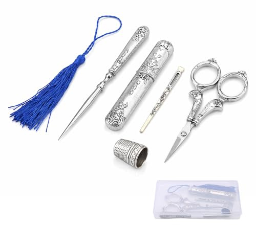 Vintage Embroidery Scissors Kit, Complete Vintage Sewing Tools, with Sewing Needle Box, Awl, Sewing Thimble, Threader for Sewing, Knitting, Cross Stitch, Quilting