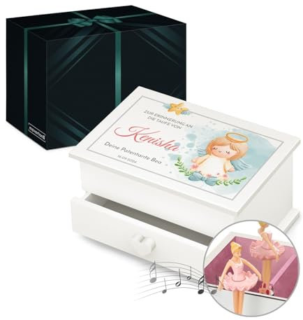 Maverton Jewelkeeper mit Aufdruck - Schmuckschatulle mit Spieluhr Ballerina - Musikschmuckdose für Mädchen - Schmuckkästchen zur Taufe - zur Erstkommunion - zum Geburtstag - mit Schublade - Stern