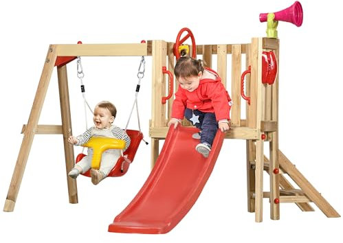 Outsunny Set 4 in 1 con Scivolo, Altalena da Giardino, Volante e Corno Sonoro, Giochi da Esterno per Bambini Età 18-48 Mesi, Struttura in Legno e Plastica, Rosso