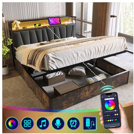 Bgsryao Bett 140x200 mit LED und USB und App-Control, Polsterbett 140x200 mit Stauraum und Kopfteil, Doppelbett mit Lattenrost und Bettkasten, Jugendbett Metallbett Stauraumbett Bettgestell Holz