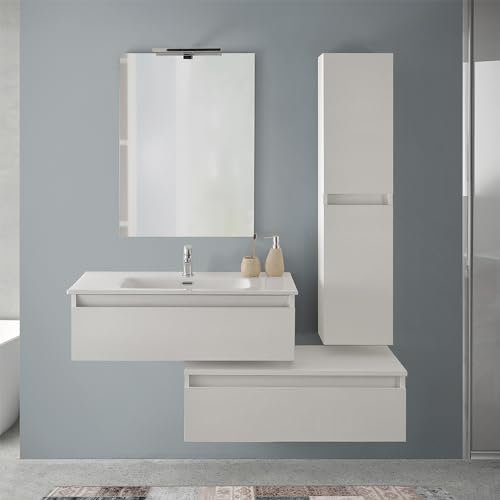 Inbagno Mobile bagno sospeso 90 cm rovere bianco con pensile, 2 cassetti con lavabo e specchiera a filo reversibile, NADIA