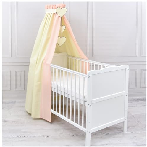 Generisch Baby Delux Babybett Himmel Betthimmel Baumwolle Baldachin für Babybett Kinderbett Wiege Stubenwagen Himmelstange Applikationen Herz Deko (Karro Beige Apricot, mit Himmelstange)