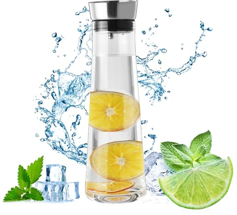 Tallgoo Jarra de cristal con tapa, jarra de agua, jarra de cristal con tapa de acero inoxidable, jarra de cristal de 1 litro con tapa de silicona para bebidas de zumo, té frío y caliente