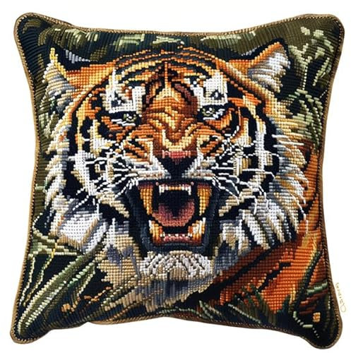 kitphoenix Knüpfkissen Set Tiger Latch Hook Kissen Kit für Kinder oder Anfänger Erwachsene zum Selber Knüpfen, DIY Knüpfteppich Knüpfpackung, Knüpfhaken Set 43 x 43 cm