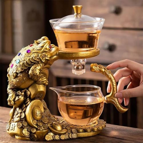 YoeEoay Teeservice Glas Teekanne Mit Magnet, goldene Kröte Design Lazy Kungfu Glasteeservice Semi Automatic Tea Set, Geeignet Für Teeliebhaber, Jungen Und Mädchen Chinesisches Teeservice Set (Gold)