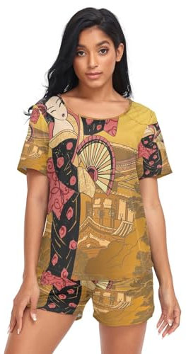 HMZXZ Damen Schlafanzug-Set japanisch Frau Sommer Pyjama Woman Set,Retro Loungewear und Shorts Lounge Set Sleepwear Nachtwäsche