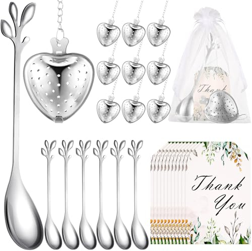 Yiyiring 25 Sets Bridal Shower Tea Party Favor for Guest Leaf Tea Spoon Heart Shape Tea Infuser Ball Tea Steeper for Loose Tea with Thank You Card Organza Bag Wedding Souvenir Gift, No Tea(Silver)