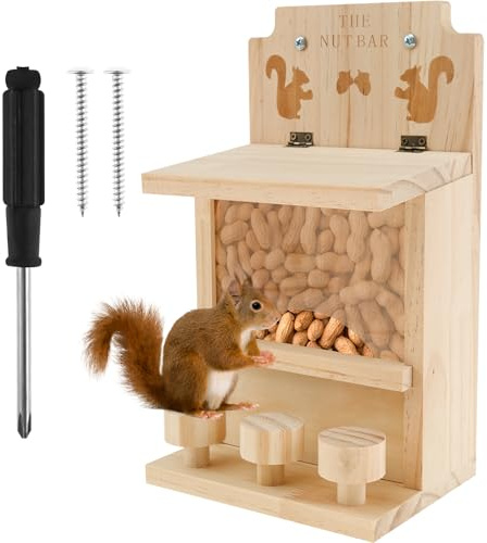 Comedero de ardillas de madera, casa para árbol de jardín exterior, bonitos y divertidos taburetes de bar con nueces de ardilla, requiere montaje, estación de alimentación de ardillas para