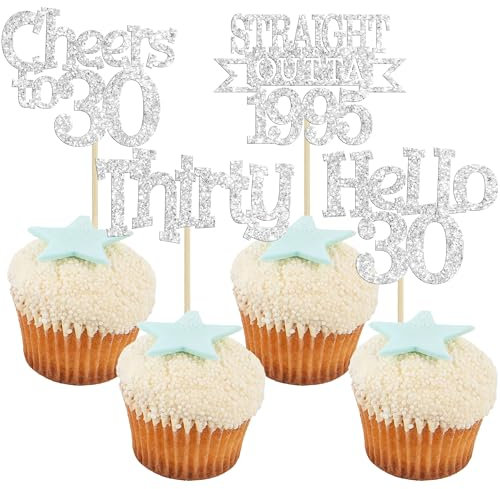 Ephlyn 24Pcs Happy 30th Birthday Cupcake Toppers Glitter Thirty Cupcake Picks Hello 30 Cheers to 30 Years Cake Decorations for 30th Birthday Anniversary Party Decorations Supplies Silver
