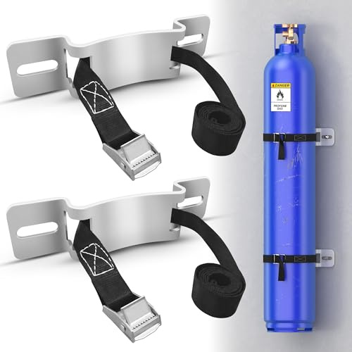 2 Pcs Gas Cylinder Wall-Mounted Bracket, Gas Cylinder Fixed Rack Gas Cylinder Floor Mount Storage Stand with Screws and Safety Nylon Belt, Suitable for RV Propane Tank Holder
